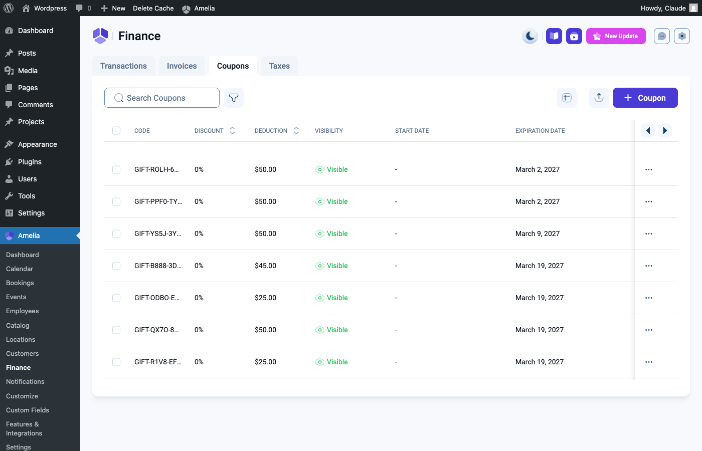 Amelia coupons auto-created