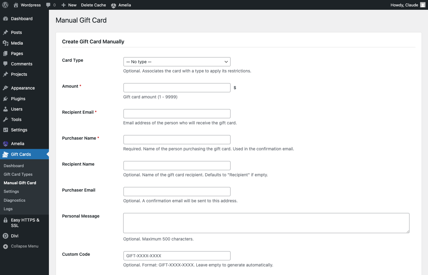 Manual gift card creation